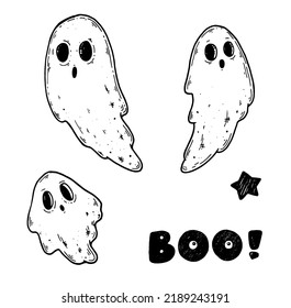 Halloween Ghost Sketch. Hand Drawn Vector Illustration. Happy Halloween. Ghost Set. Doodle Style.