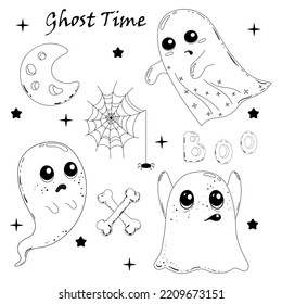 Halloween Ghost Sketch. Hand Drawn Vector Illustration. Happy Halloween. Ghost Set. Doodle Style.