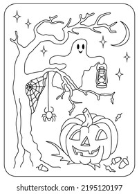 Halloween. Ghost, spider, pumpkin in the night forest.Vector illustration.Coloring book.