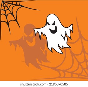 halloween ghost and spider web on orange background