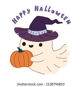 Halloween ghost spirit and pumpkin   witch hat in cute kawaii style  Halloween Little funny smiling samhain ghosts  trick treat vector cartoon