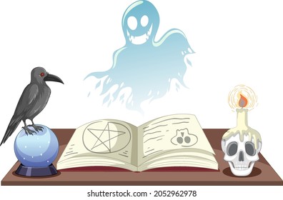 Halloween ghost spirit with witch objects illustration