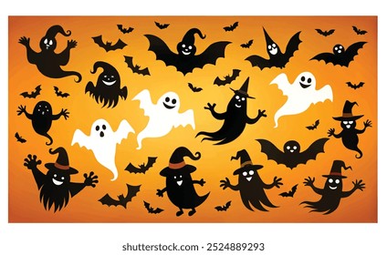 Fantasma de Halloween, assustador, estilo de desenho de mão, truque ou deleite, morcegos, chapéu. Elementos de Halloween, isolados no plano de fundo laranja, EPS