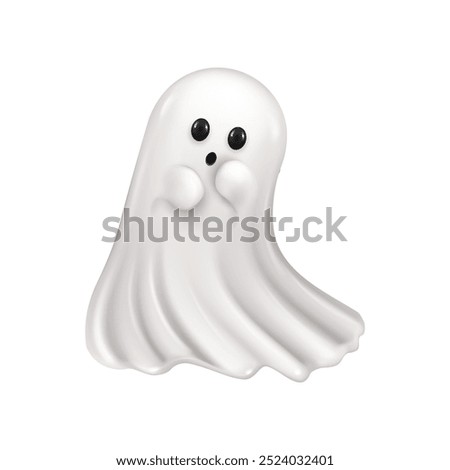 Halloween ghost spooky personage. Vector apparition or spirit from haunted house, 3D isolated character. Paranormal all hallows eve poltergeist creature with eerie facial expression