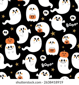 Halloween ghost and spooky pumpkin seamless pattern and background. Holidays cartoon character. -vector