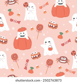 Halloween ghost sweet treats seamless pattern vector illustration