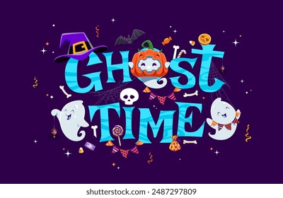 Halloween ghost time banner with cute funny kawaii ghost characters, cartoon vector background. Halloween holiday horror night and trick or treat party banner with cute boo ghosts, pumpkin and skull