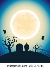 Halloween ghost and tombs, trees, cementary, blue moon background, vector illustration.