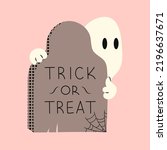 Halloween ghost with tombstone and spider web. Phantom in white clothes. Kawaii monster mystical drawing concept. Flat vector illustration isolated with pumpkins and holiday elements.