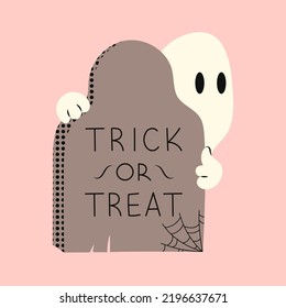 Halloween ghost with tombstone and spider web. Phantom in white clothes. Kawaii monster mystical drawing concept. Flat vector illustration isolated with pumpkins and holiday elements.