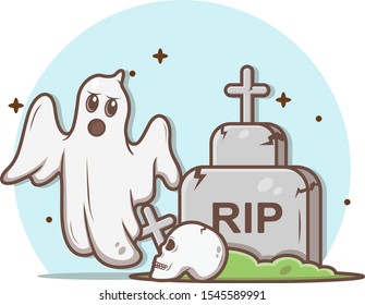 halloween ghost and tombstone vector illustration