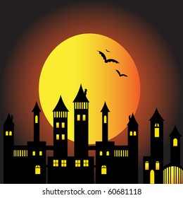 halloween ghost town with full moon and bats