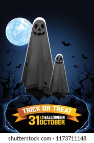 Halloween, Ghost, treat or trick, Vector illustration, Vertical Poster, you can place relevant content on the area, show good color RGB COLOR MODE.