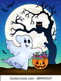 Halloween ghost with tree silhouette - eps10 vector illustration.