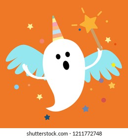 Halloween ghost in a unicorn costume with magic wand vector