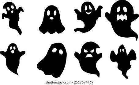 Halloween ghost vector collection featuring spooky designs, perfect for seasonal decorations, cards, and digital art projects.