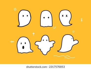 Vector fantasma de Halloween. Dibujo lindo de fantasmas blancos con la mano dibujada con fondo amarillo. Gráfico de elementos para el día de Halloween. Ilustración vectorial.