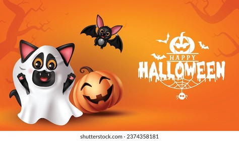 Halloween ghost vector design background. Happy halloween greeting with rick or treat character elements like cat ghost, pumpkin and cute bat in orange background. Vector illustration greeting card 