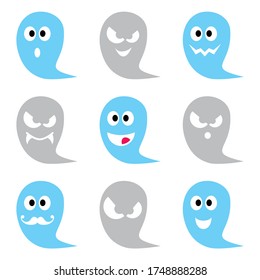 Halloween ghost vector icons set - cute scary, friendly, happy characters for celebrating Halloween. Vector icons set for Halloween - cartoon ghost character in light blue and gray
 
