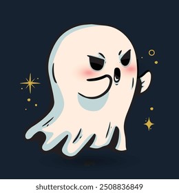 Halloween ghost vector illustration. Cute funny happy spirit with face expression.Happy halloween phantom design isolated on dark background in modern flat cartoon style. Halloween Greeting card