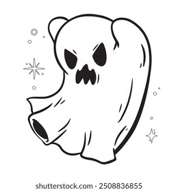 Halloween ghost vector illustration. Cute funny happy spirits with different emotions, face expressions. Happy halloween phantom design isolated on white background  Outline coloring pages 