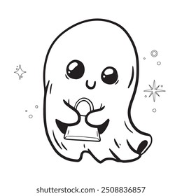 Ilustración vectorial fantasma de Halloween. Lindos espíritus alegres divertidos con diferentes emociones, expresiones faciales. Diseño fantasma de halloween feliz aislado en fondo blanco Esquema para colorear páginas 