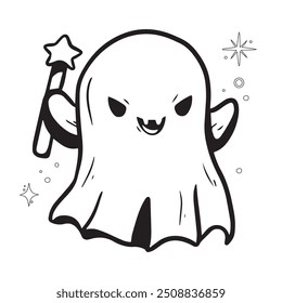 Halloween ghost vector illustration. Cute funny happy spirits with different emotions, face expressions. Happy halloween phantom design isolated on white background  Outline coloring pages 