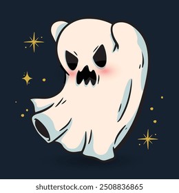 Halloween ghost vector illustration. Cute funny happy spirit with face expression.Happy halloween phantom design isolated on dark background in modern flat cartoon style. Halloween Greeting card