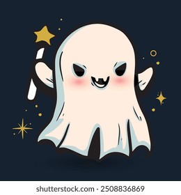 Halloween ghost vector illustration. Cute funny happy spirit with face expression.Happy halloween phantom design isolated on dark background in modern flat cartoon style. Halloween Greeting card