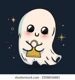 Halloween ghost vector illustration. Cute funny happy spirit with face expression.Happy halloween phantom design isolated on dark background in modern flat cartoon style. Halloween Greeting card