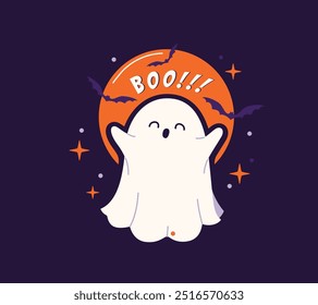 Halloween ghost vector illustration. Cute cartoon ghost say boo on night sky background with moon, stars, bats. Halloween childish flat spirit character.