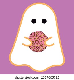 Ilustração do vetor fantasma de Halloween. Poltergeist desenho animado bonito, Fatasma bonito com concha pão mexicano nas mãos feliz Halloween design. Personagens fantasmas assustadores engraçados.