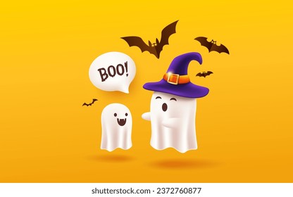 Fantasma de Halloween con sombrero morado y fantasma infantil con diseño volador de murciélago fondo amarillo, ilustración vectorial Eps 10