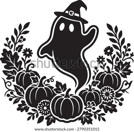 Halloween Ghost Wearing Witch Hat with Pumpkins and Floral Wreath Silhouette