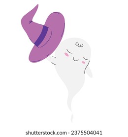 Halloween ghost in witch hat in cartoon kawaii cute style. Cartoon funny smiling ghost. Trick or treat stock flat illustration isolated on white backgroung.