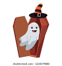 halloween ghost with witch hat and coffin
