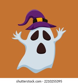 Halloween Ghost with Witch Hat Design Flat Illustration