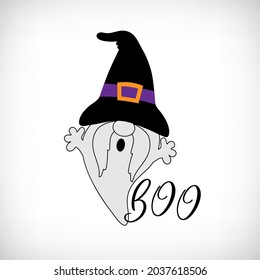 Halloween ghost with witch hat. Lettering "BOO". Scandinavian Nordic Gnome. Autumn holidays gnomes for greeting card, halloween t shirt design, print, mug.