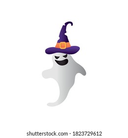 halloween ghost with witch hat over white background, flat style, vector illustration