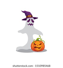 halloween ghost with witch hat and pumpkin