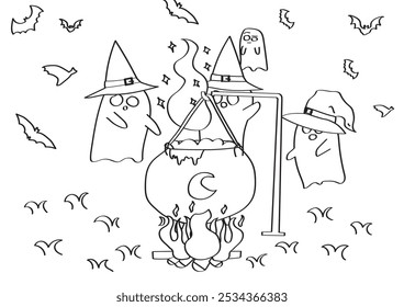 Página de coloração de bruxas fantasmas de Halloween para crianças.