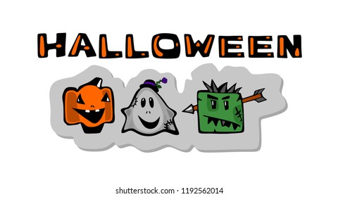 Halloween, Ghost, zombie and smiling pumpkin .Comical cartoon characters on a white background