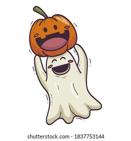 Halloween ghost.Funny little ghost. Halloween pumpkin. Vector illustration in a cartoon style, isolated on white background. Vector Illustrations for Kids on Halloween.