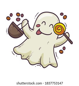 Halloween ghost.Funny little ghost. Halloween pumpkin. Vector illustration in a cartoon style, isolated on white background. Vector Illustrations for Kids on Halloween.