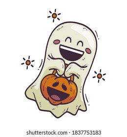 Halloween ghost.Funny little ghost. Halloween pumpkin. Vector illustration in a cartoon style, isolated on white background. Vector Illustrations for Kids on Halloween.
