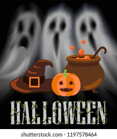 Halloween ghosts and apparitions poster with night haunting creatures vector. Pot with brewing potion, poison and pumpkin with cap, old hat of witch