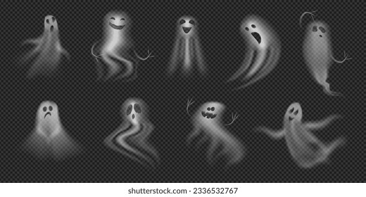 Halloween ghosts and apparitions of smoke with blur. Vector haunted house spirits and poltergeists, phantoms and supernatural creatures with screaming faces. Horror and fright