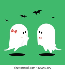 Halloween ghosts and bats on green background