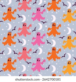 Halloween Ghosts in Bright Colors with Moons and Bats. Fun and spooky night pattern with orange, pink and yellow spirits perfect for invitations, cards, posters, holidays