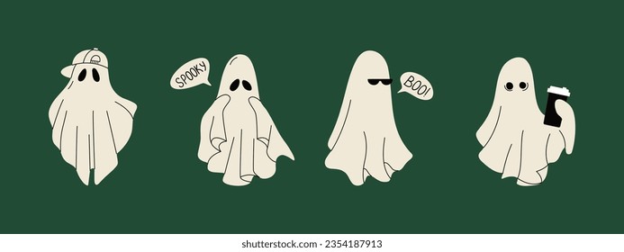 Halloween ghosts. Cartoon spooky cloth, cute monsters trick or treat characters, abstract doodle scary silhouettes. Vector set